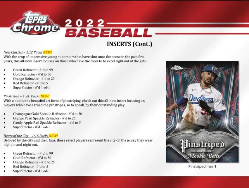 2022 Topps Chrome Baseball Hobby Box 24 Packs Per Box, 4 Cards Per Pack