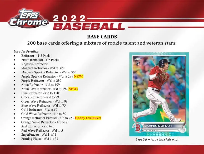 2022 Topps Chrome Baseball Hobby Box 24 Packs Per Box, 4 Cards Per Pack