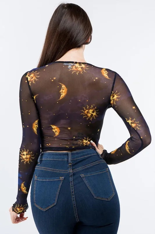 90's Celestial Vibe Mesh Long Sleeve Crop Top