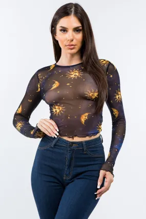 90's Celestial Vibe Mesh Long Sleeve Crop Top