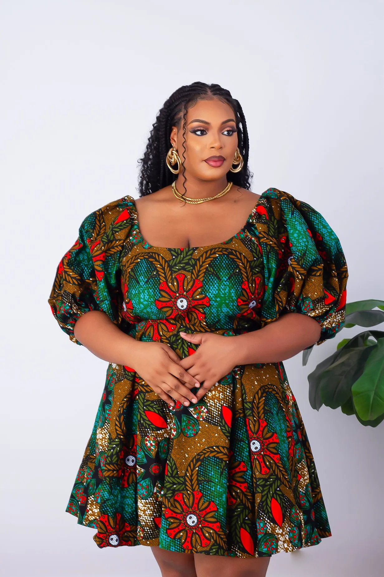 African Print Off Shoulder Box-Pleat Midi Dress - Shade