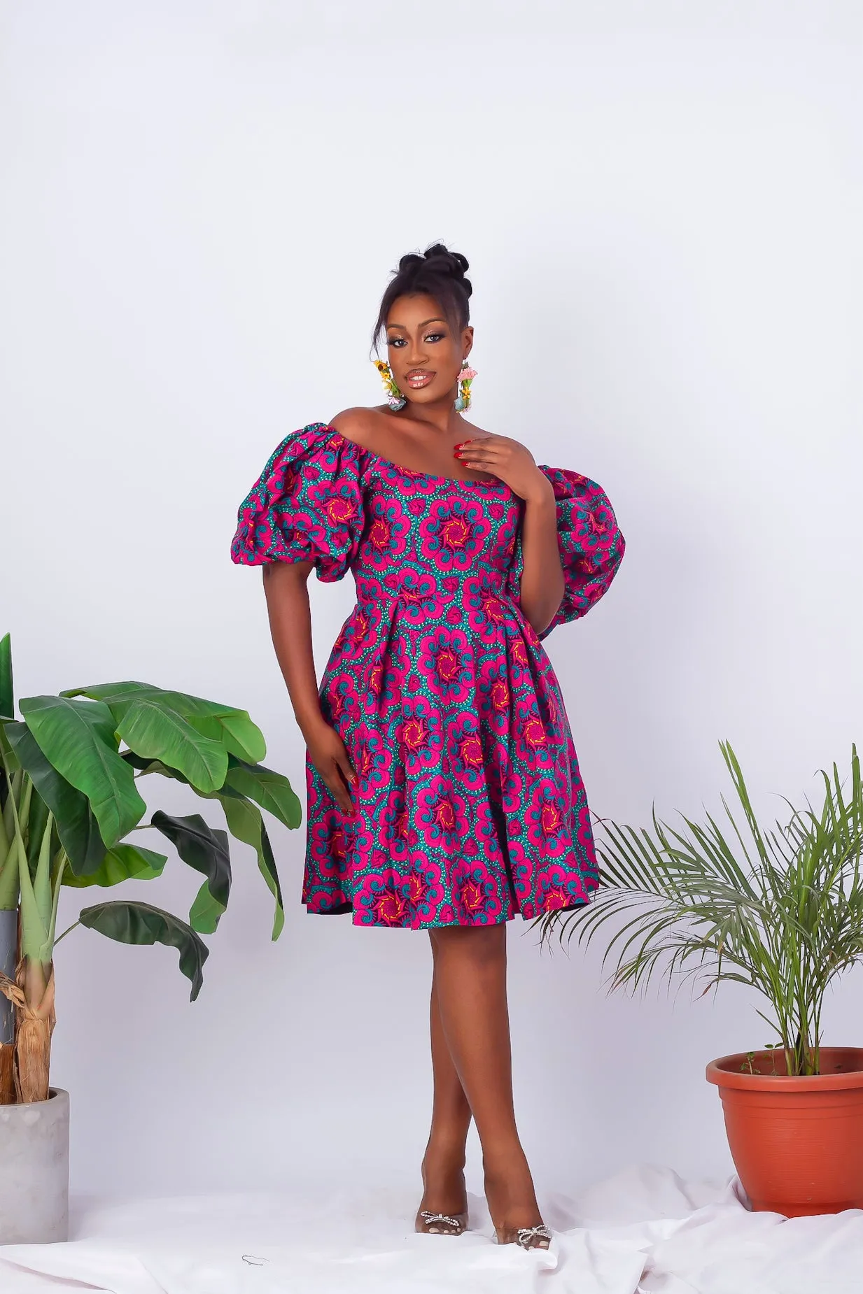 African Print Off Shoulder Flare Midi Dress - Abiye