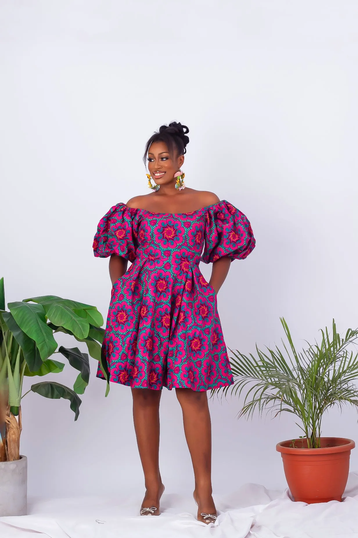 African Print Off Shoulder Flare Midi Dress - Abiye