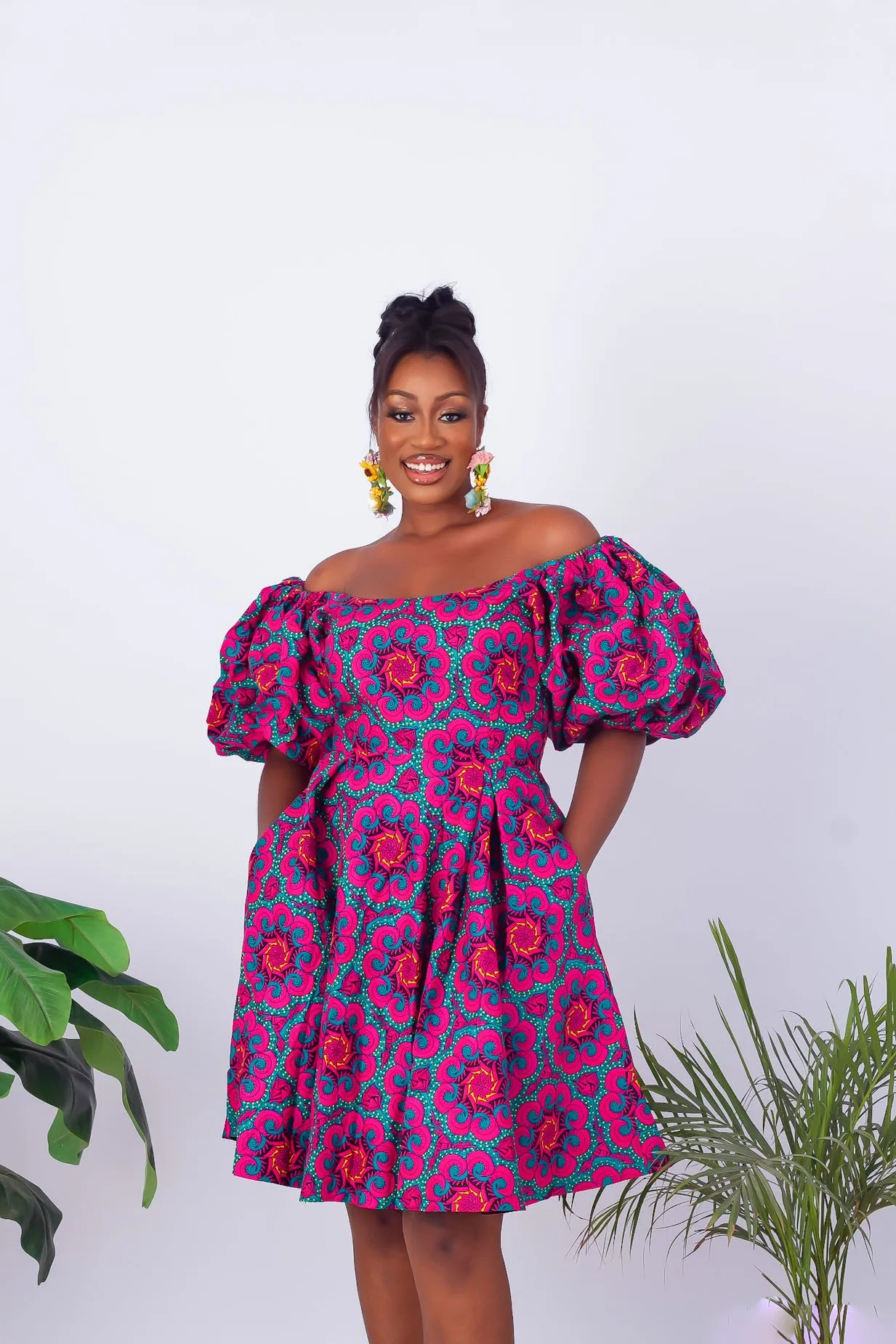 African Print Off Shoulder Flare Midi Dress - Abiye