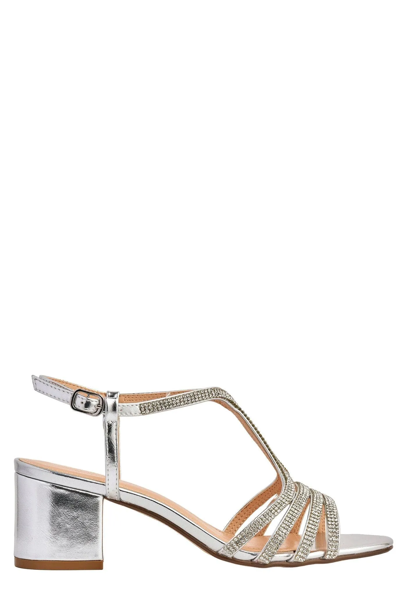 Amanda 3 Diamante Strap T-bar Block Heel Sandal in Silver