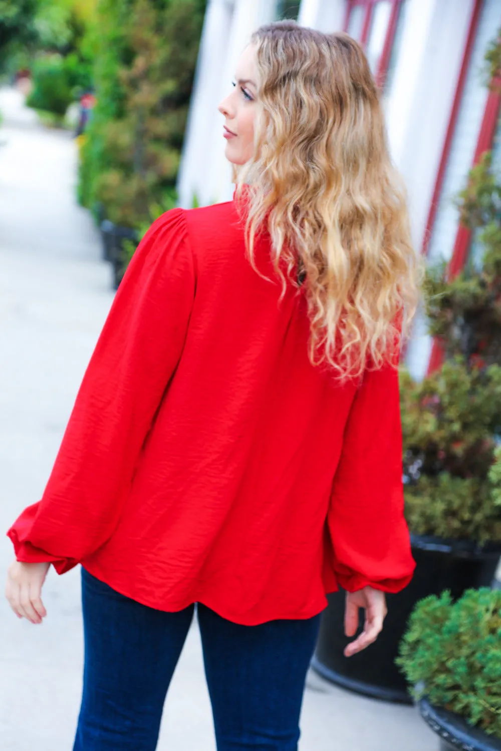 Be Merry Red Frill Mock Neck Crinkle Woven Top