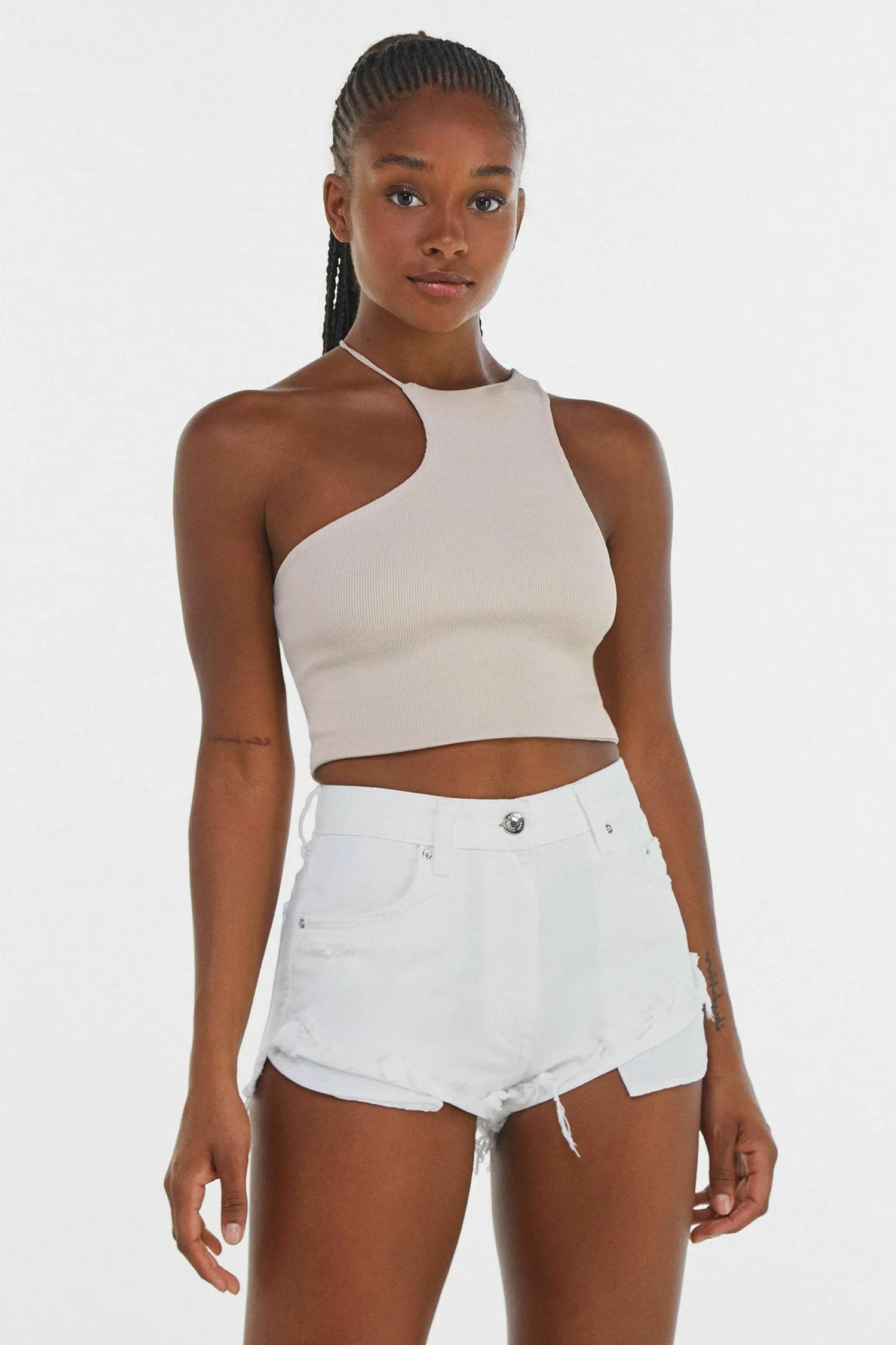 Beige Asymmetrical Halter One Shoulder Crop Top