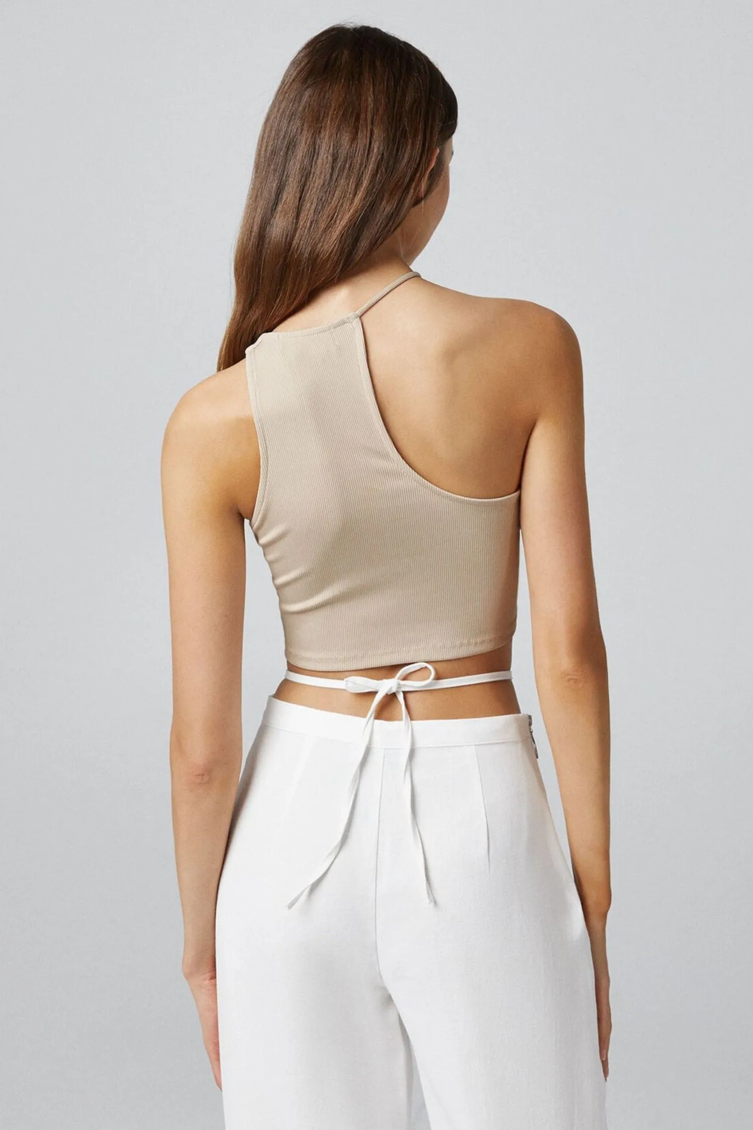 Beige Asymmetrical Halter One Shoulder Crop Top