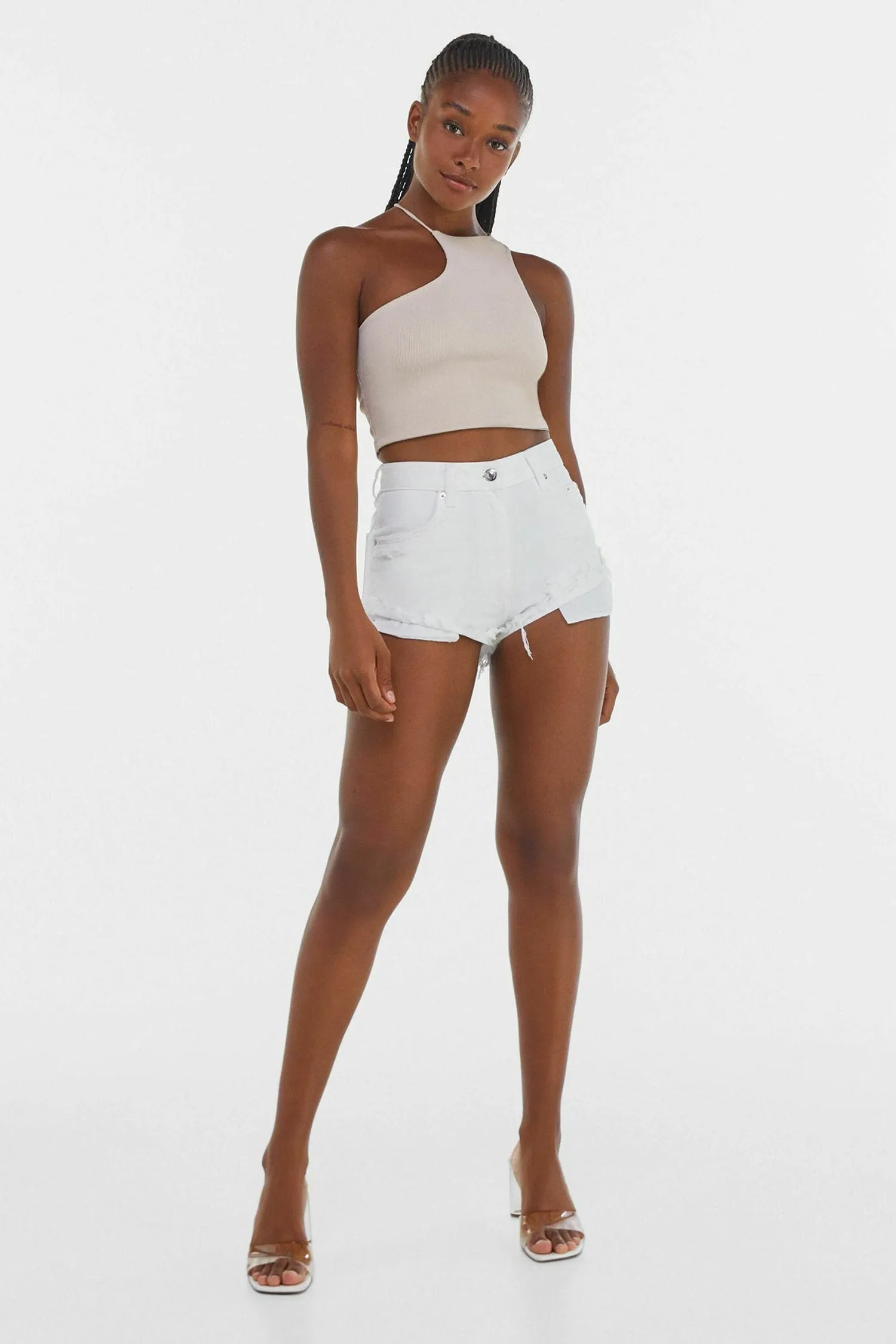 Beige Asymmetrical Halter One Shoulder Crop Top