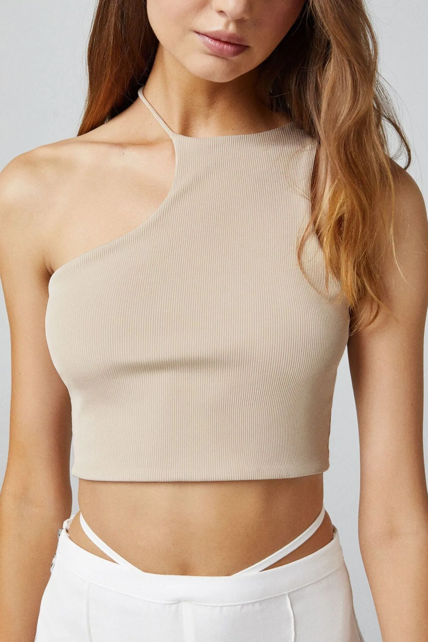 Beige Asymmetrical Halter One Shoulder Crop Top