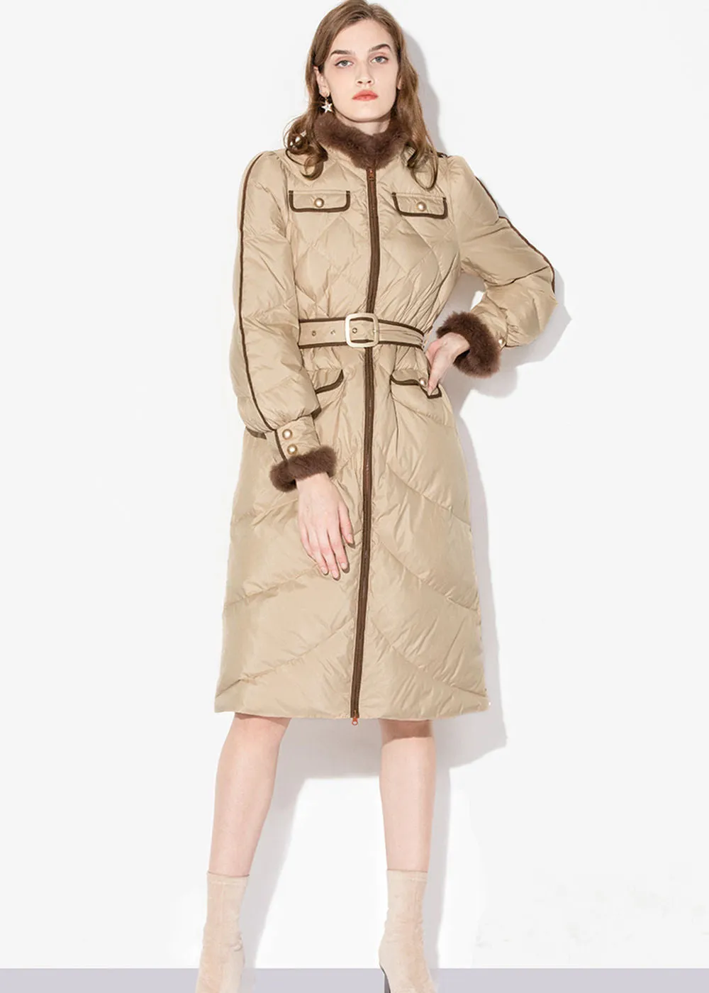 Belted Puff Sleeve Rabbit Fur Down Coat