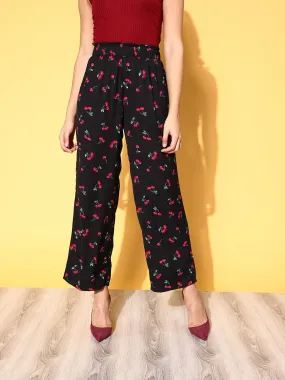 Berrylush Women Black & Red Cherry Printed Loose-Fit High-Rise Paperbag Waist Trousers