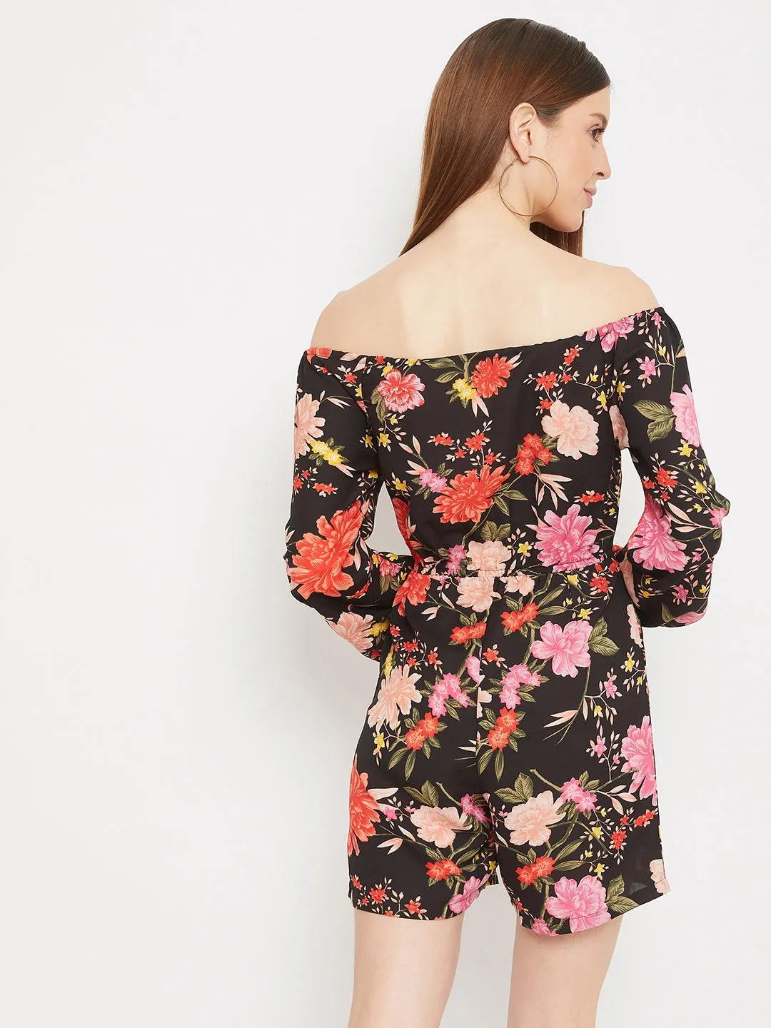 Berrylush Women Black Off-The-Shoulder Floral Printed Playsuit