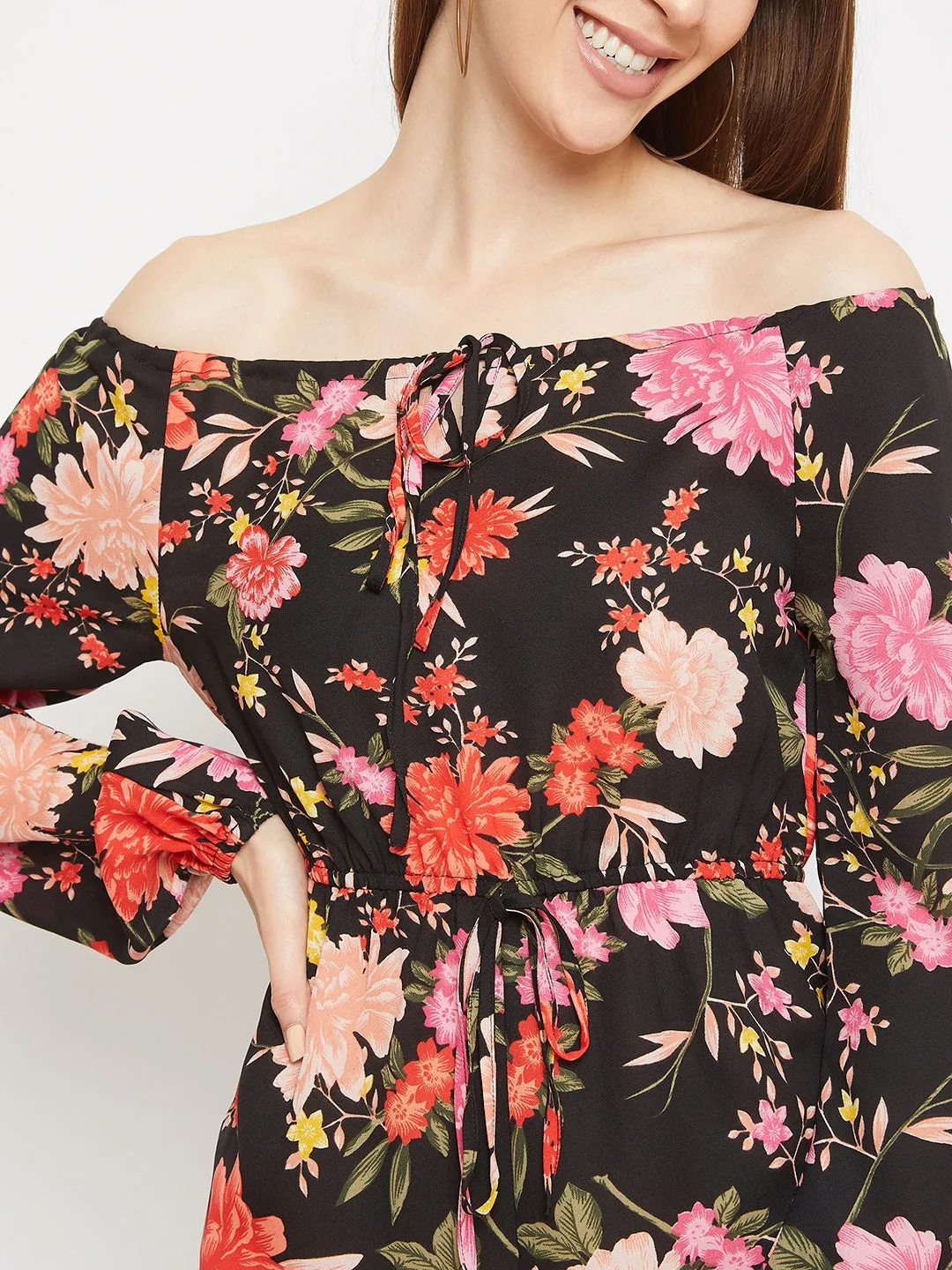 Berrylush Women Black Off-The-Shoulder Floral Printed Playsuit