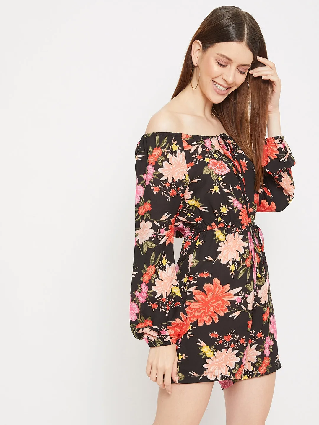 Berrylush Women Black Off-The-Shoulder Floral Printed Playsuit