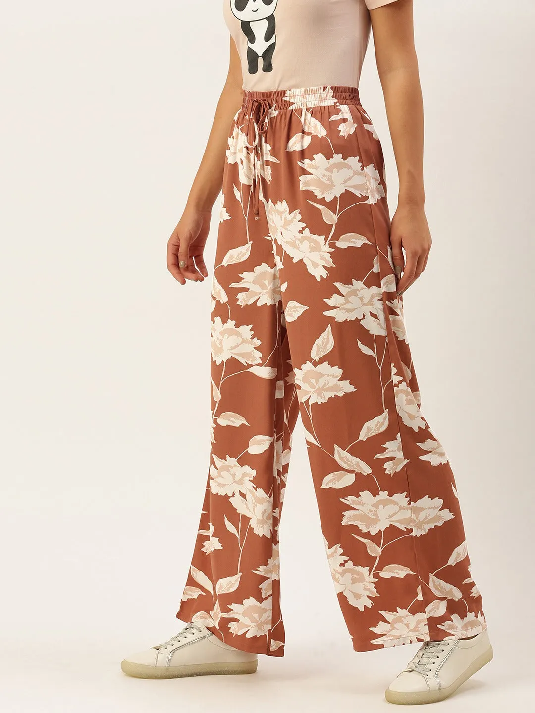 Berrylush Women Brown & White Floral Print Tie-Up Waist High-Rise Wide Leg Trousers