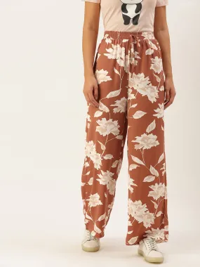 Berrylush Women Brown & White Floral Print Tie-Up Waist High-Rise Wide Leg Trousers