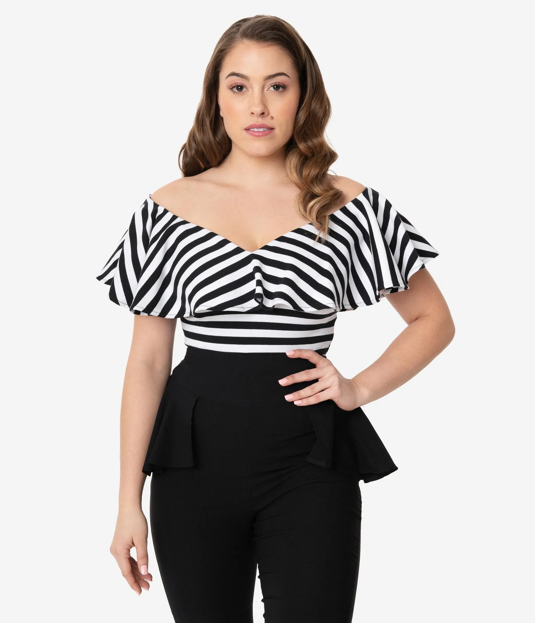 Black & White Off Shoulder Ruffle Frenchie Top