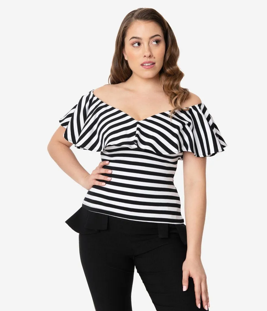 Black & White Off Shoulder Ruffle Frenchie Top