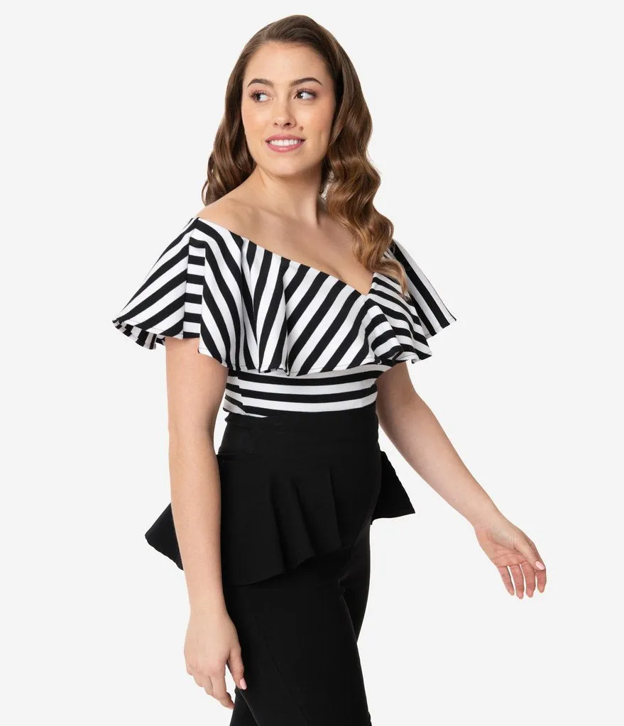 Black & White Off Shoulder Ruffle Frenchie Top