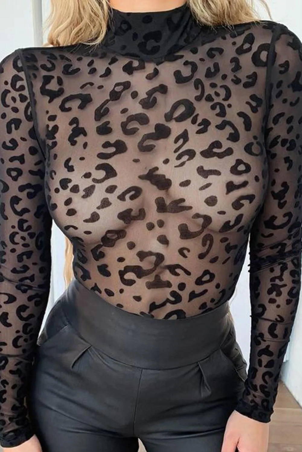 Black Animal Print Mock Neck Bodysuit Top