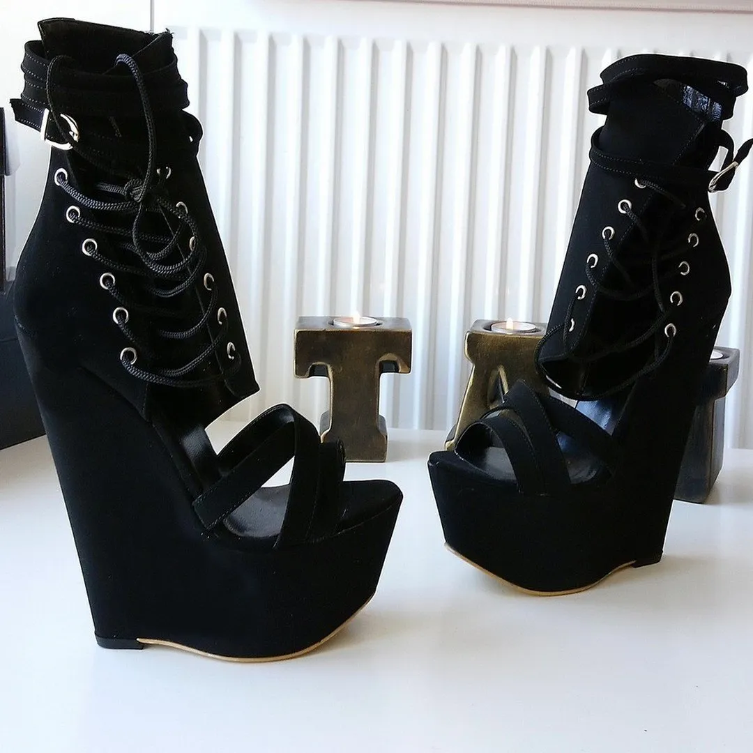 Black Corset Style Ankle Wedges