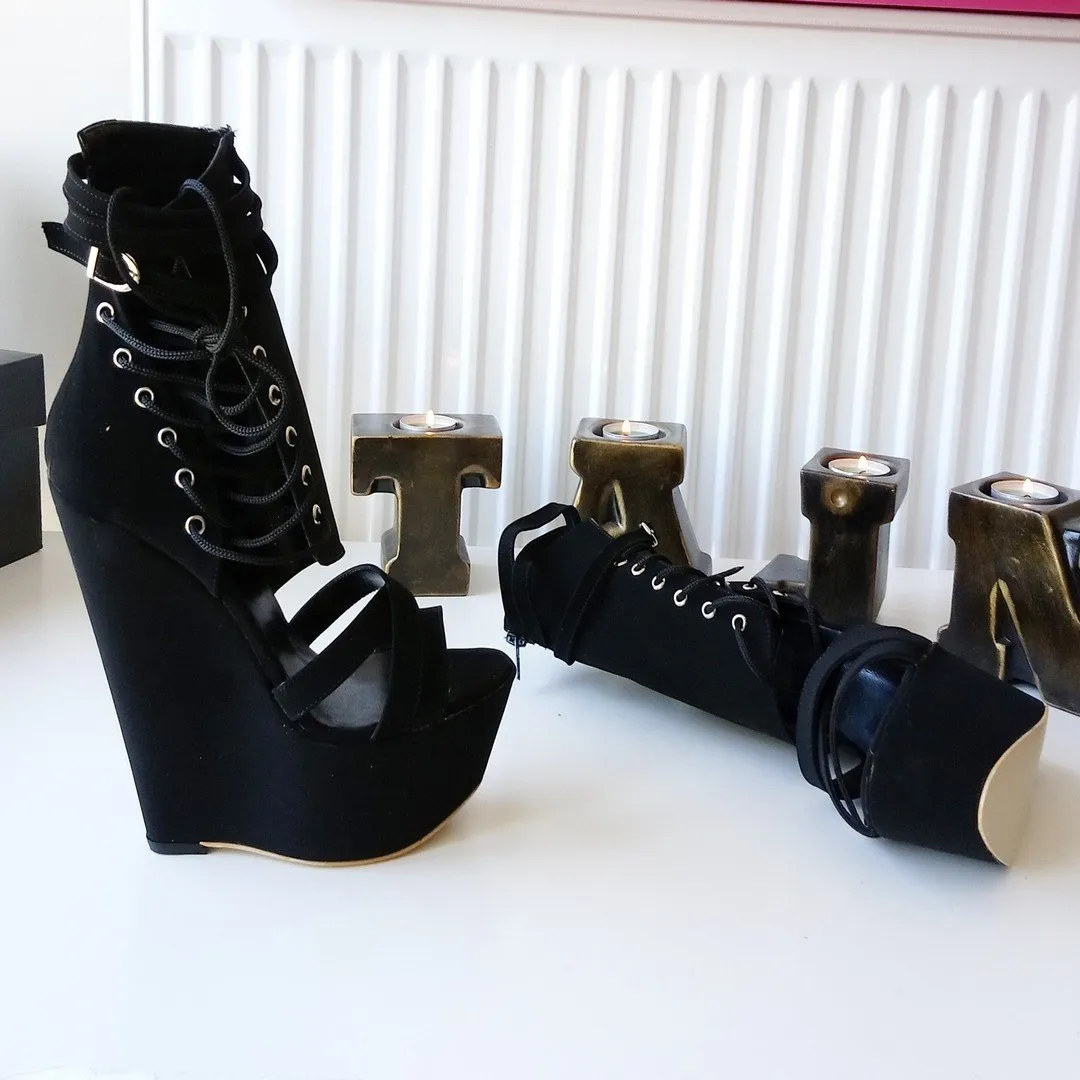 Black Corset Style Ankle Wedges