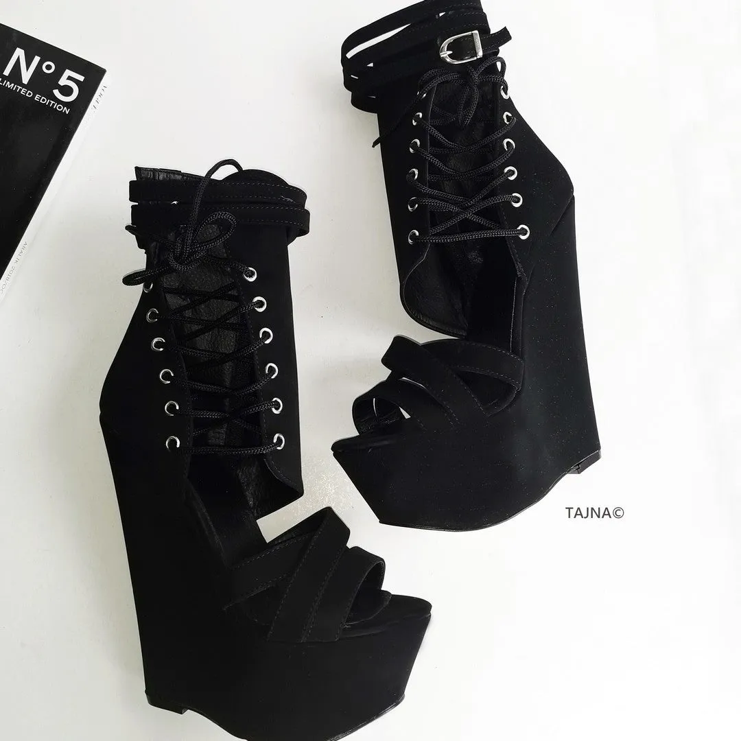 Black Corset Style Ankle Wedges