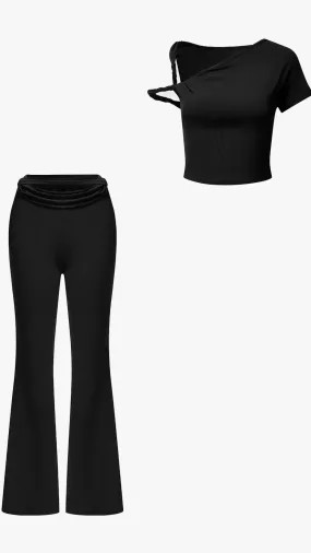 Black Crop Top And Flare Pants Set