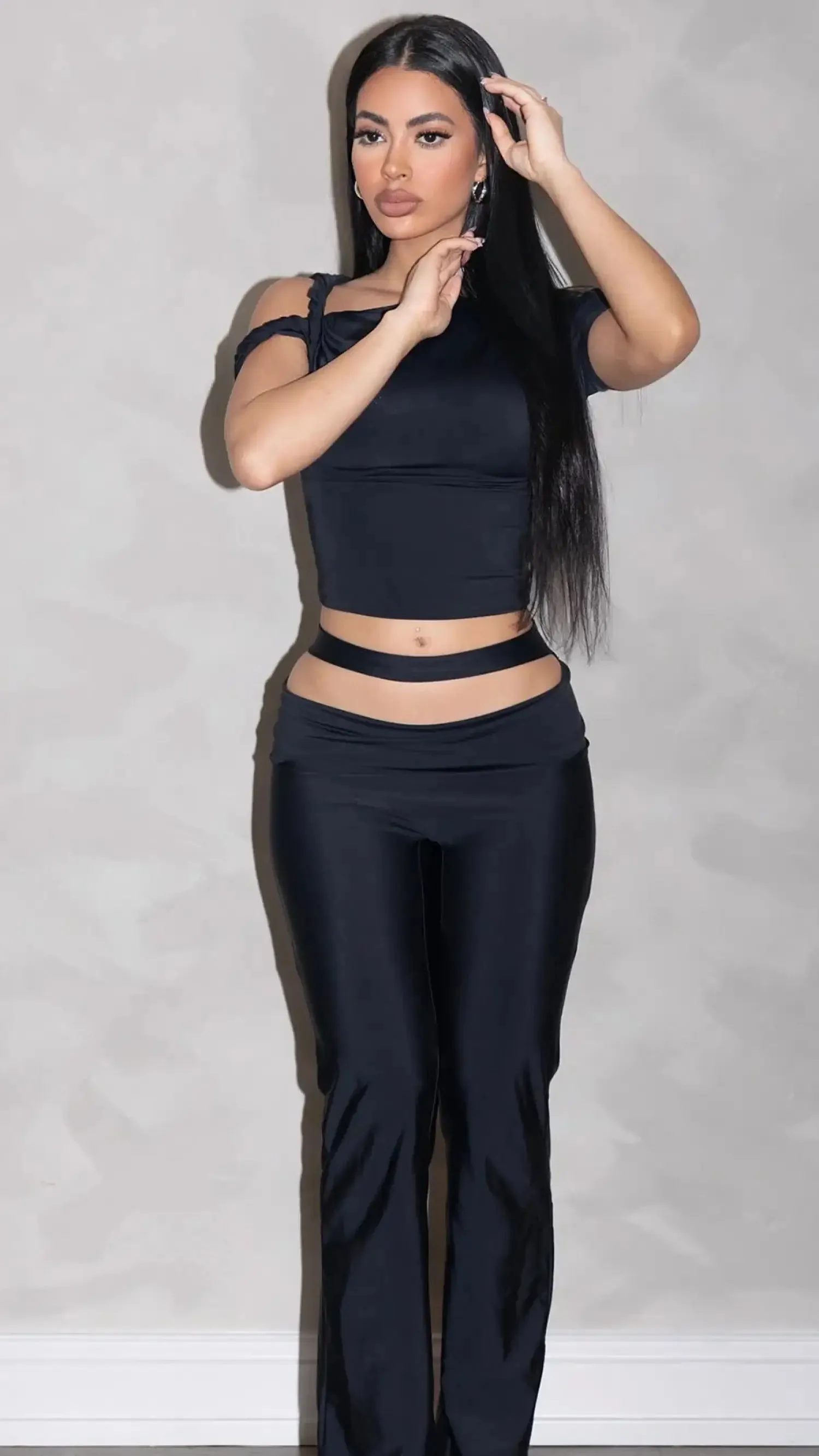 Black Crop Top And Flare Pants Set