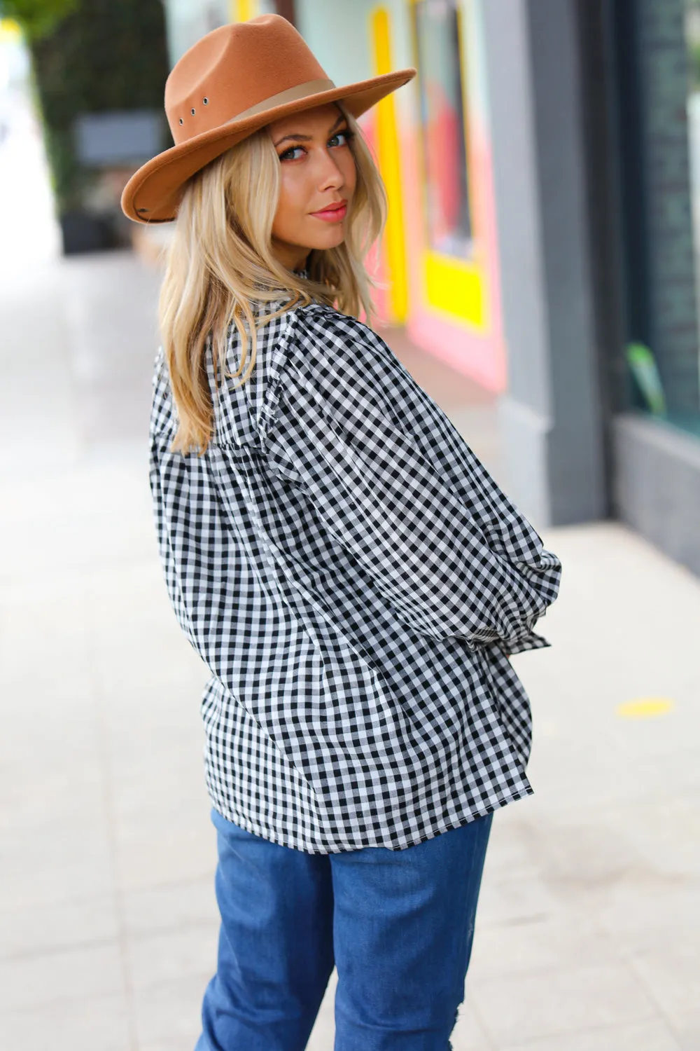 Black Gingham Shirred Yoke Mock Neck Frilled Top