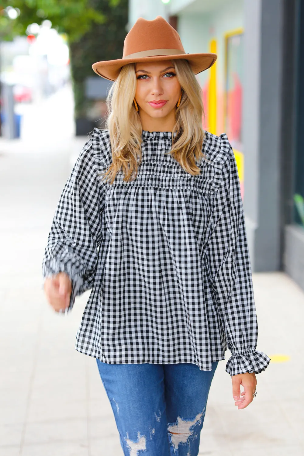 Black Gingham Shirred Yoke Mock Neck Frilled Top