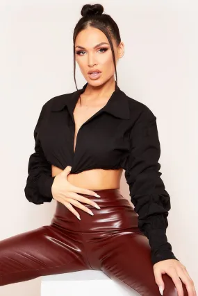 Black Long Puff Ruched Sleeve Crop Top