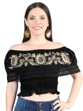 Blusa Corta Artesanal de Olan Bordada de Flores para Mujer