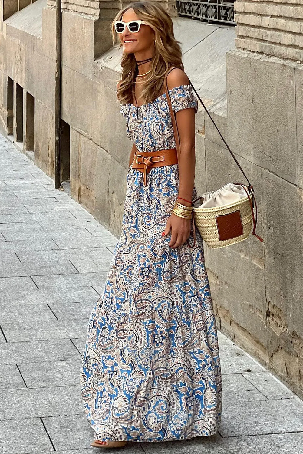 Boho Paisley Print Off Shoulder Maxi Dress