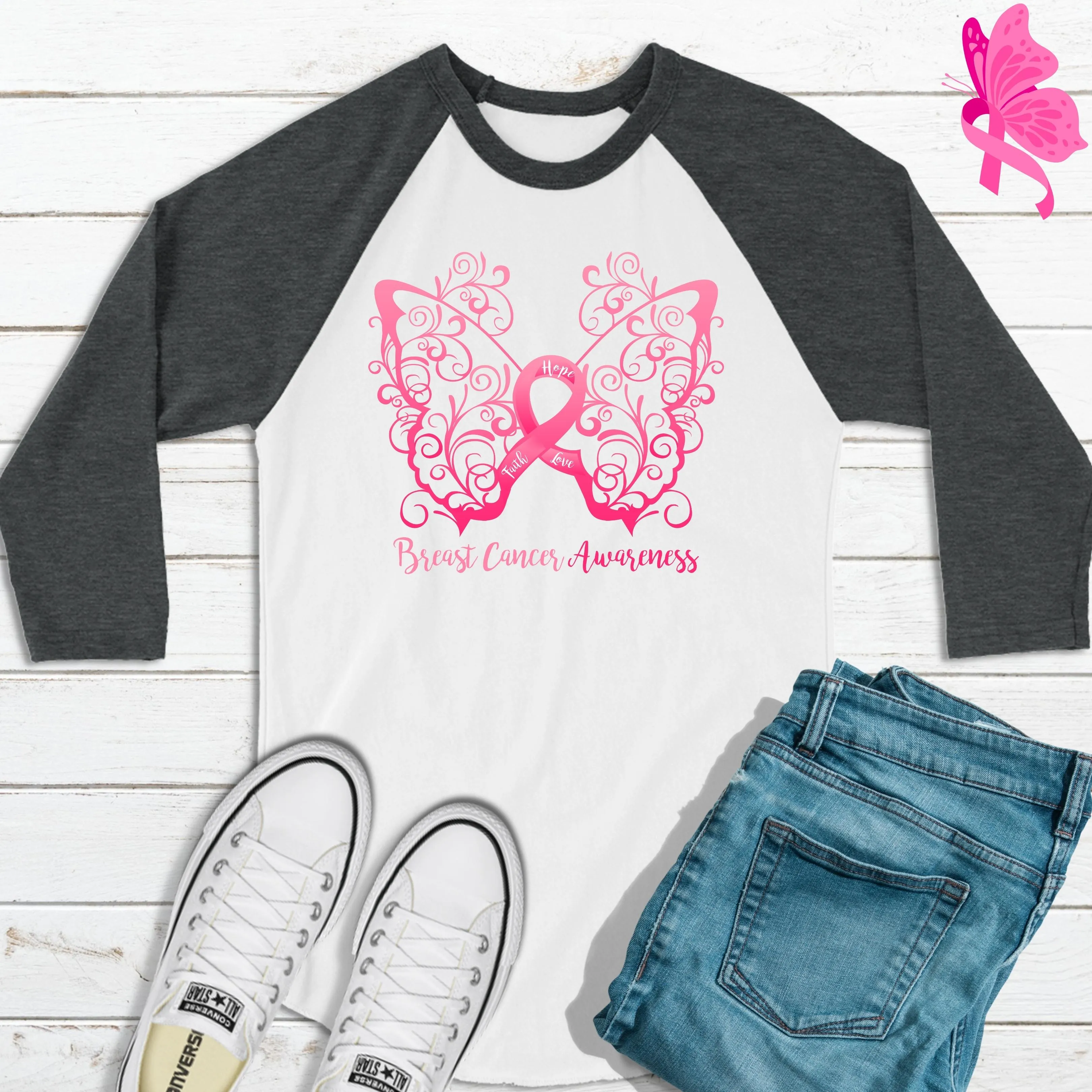 Breast Cancer Awareness Filigree Butterfly 3/4 Sleeve Raglan Shirt