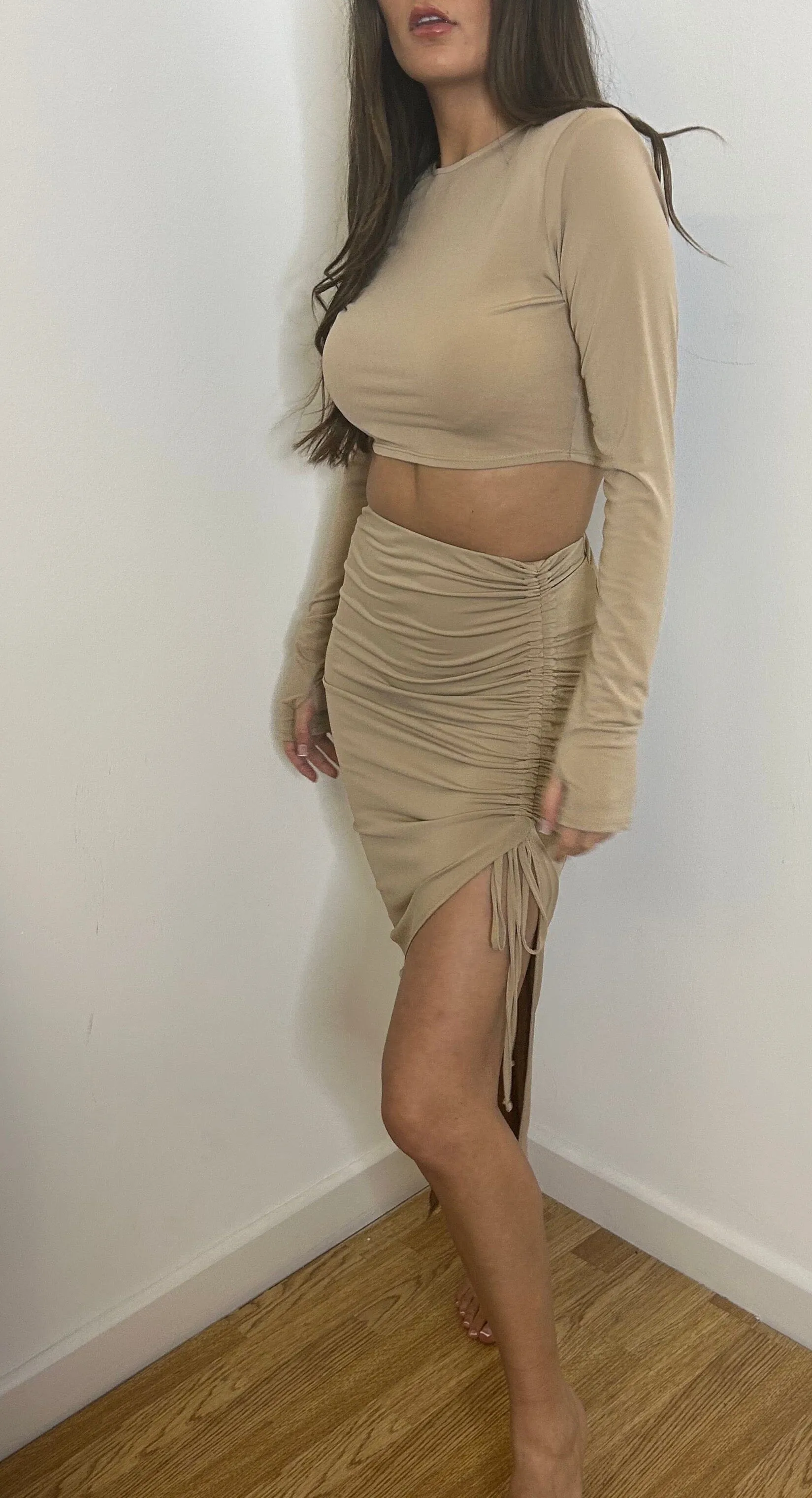 Camel Long Sleeve Crop and Ruch Maxi Skirt Set