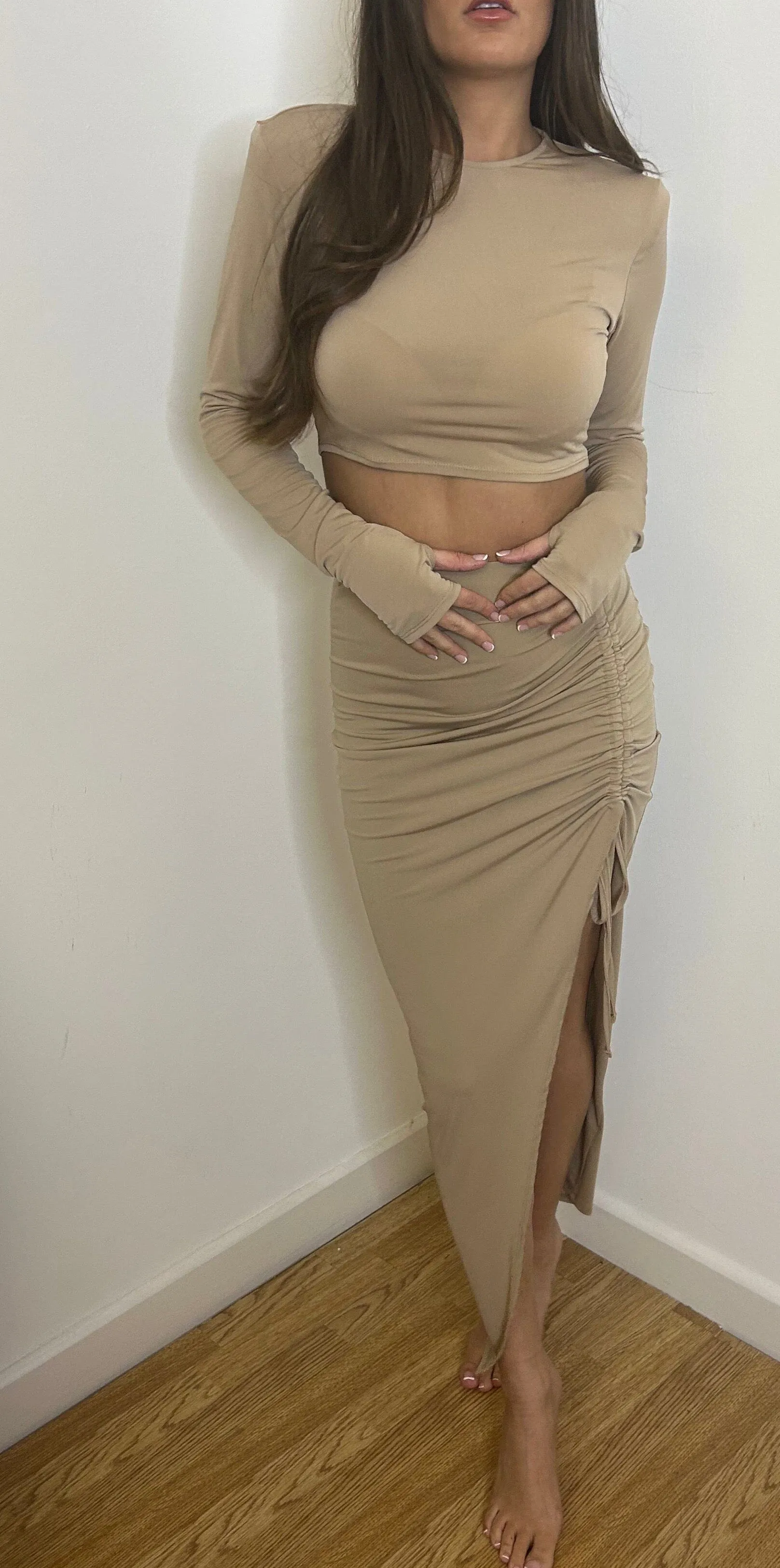 Camel Long Sleeve Crop and Ruch Maxi Skirt Set