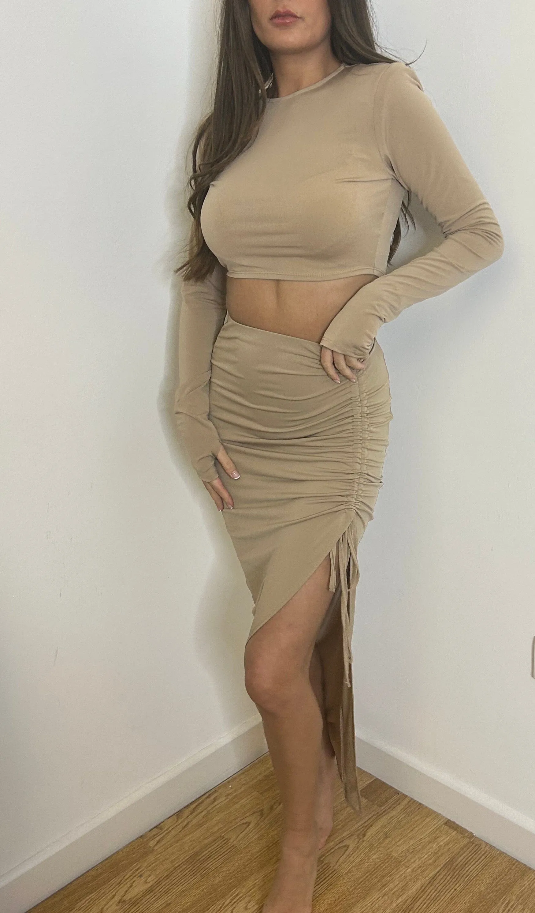 Camel Long Sleeve Crop and Ruch Maxi Skirt Set