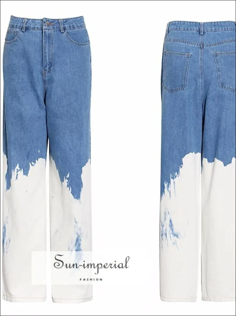 Casual Loose White Painted Women full Length Two Tone Denim Jeans High Waist Color Block Wide Leg