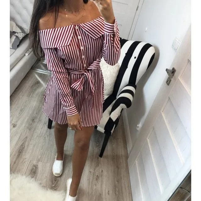 Casual Women Shirts Dress Elegant Buttons Off Shoulder Dresses