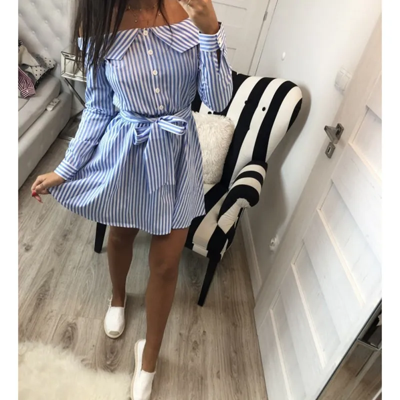 Casual Women Shirts Dress Elegant Buttons Off Shoulder Dresses