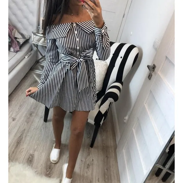 Casual Women Shirts Dress Elegant Buttons Off Shoulder Dresses