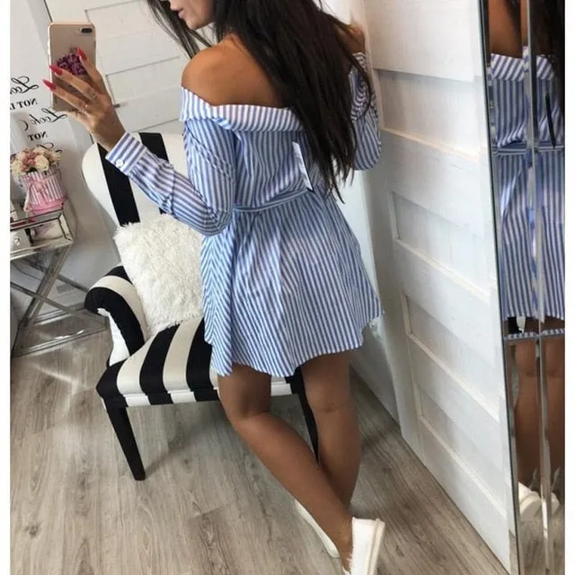 Casual Women Shirts Dress Elegant Buttons Off Shoulder Dresses