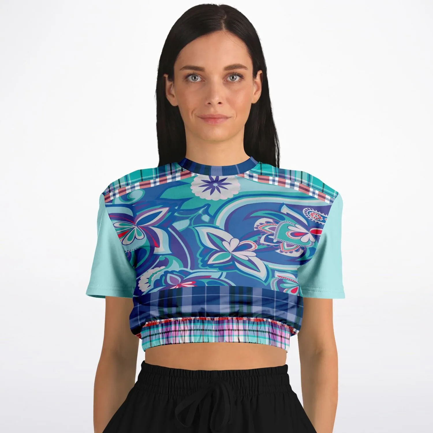 Cerulean Paisley Short Sleeve Cropped Eco-Poly Sweater