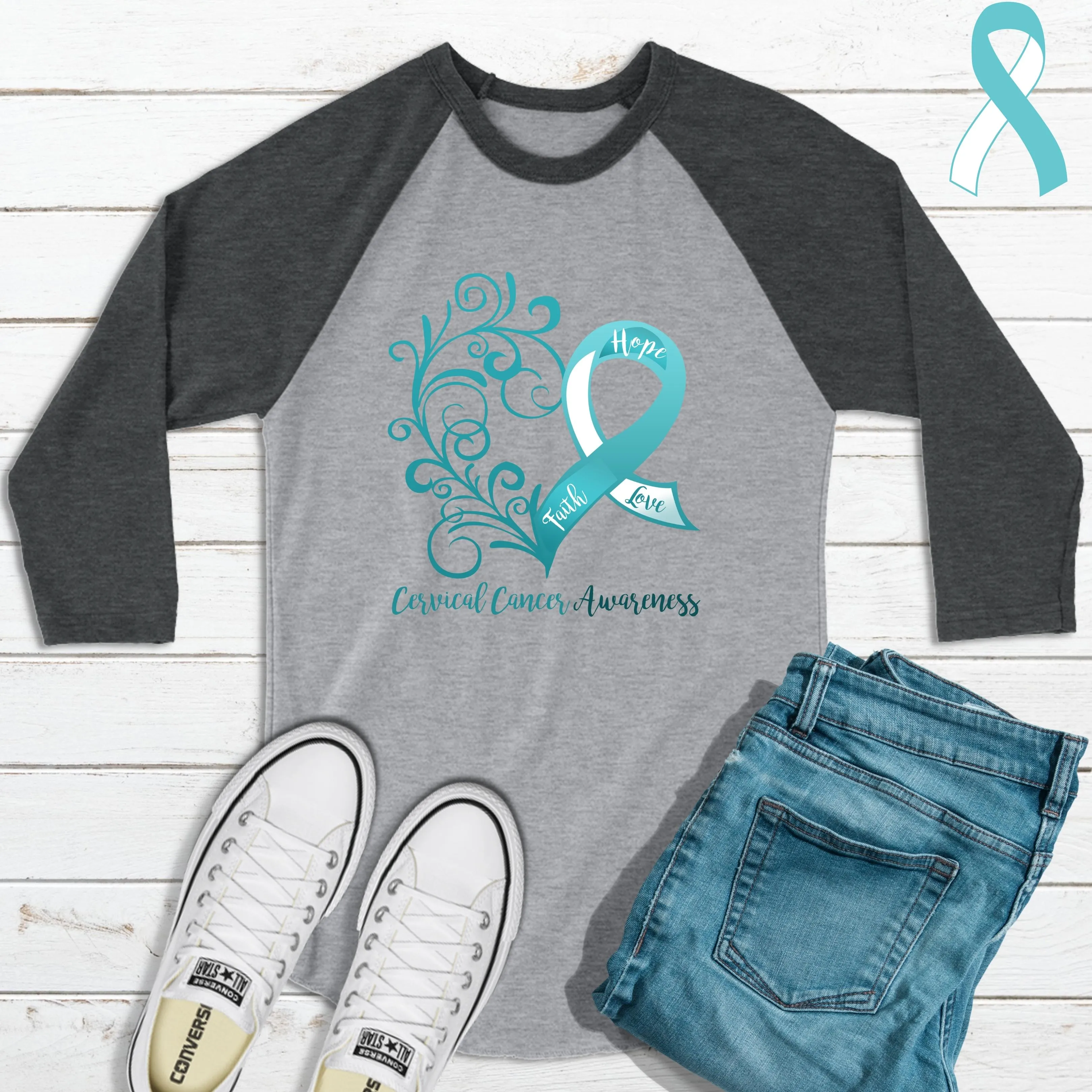 Cervical Cancer Awareness Heart 3/4 Sleeve Raglan Shirt