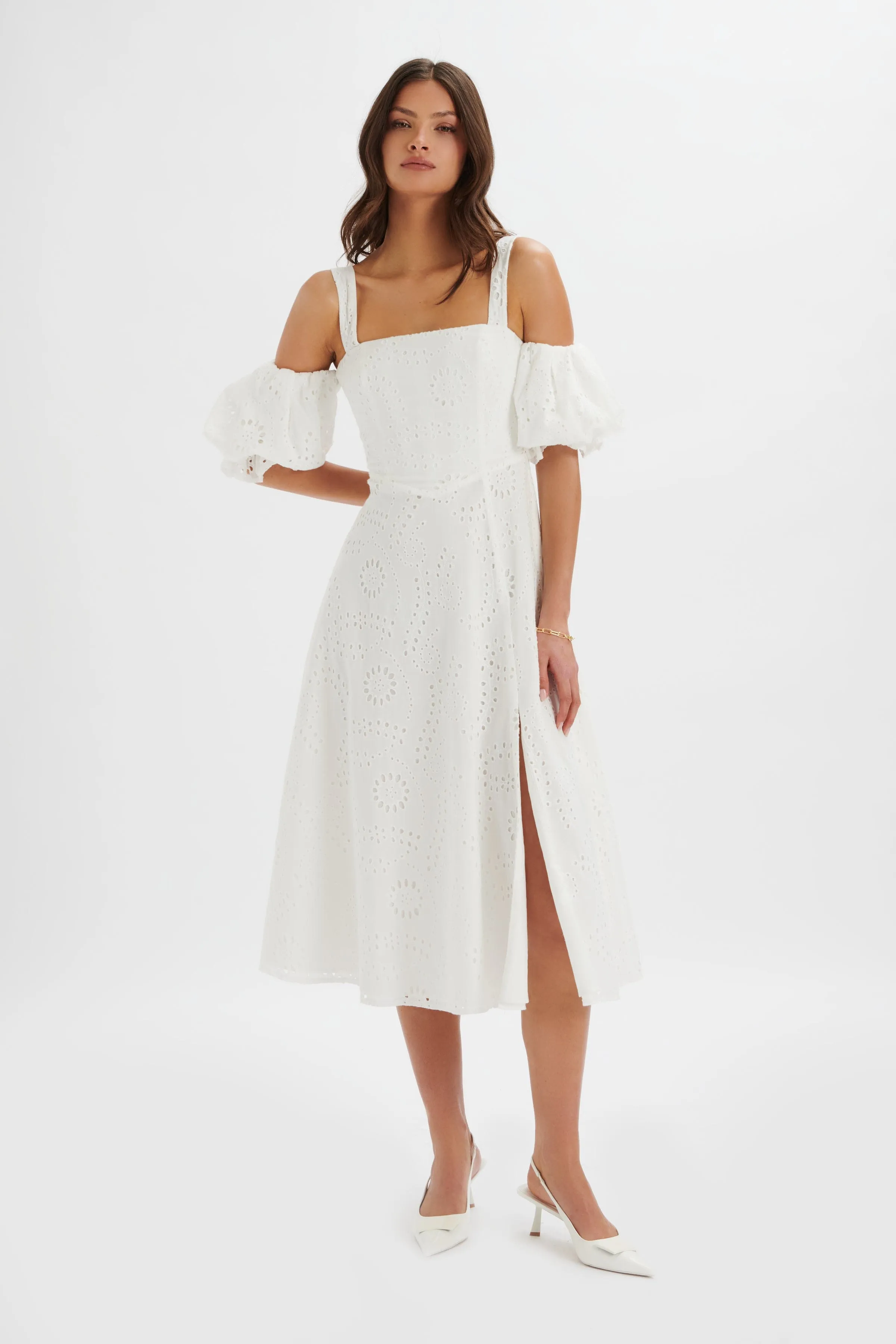 CHARLI Off Shoulder Broderie Dress in White