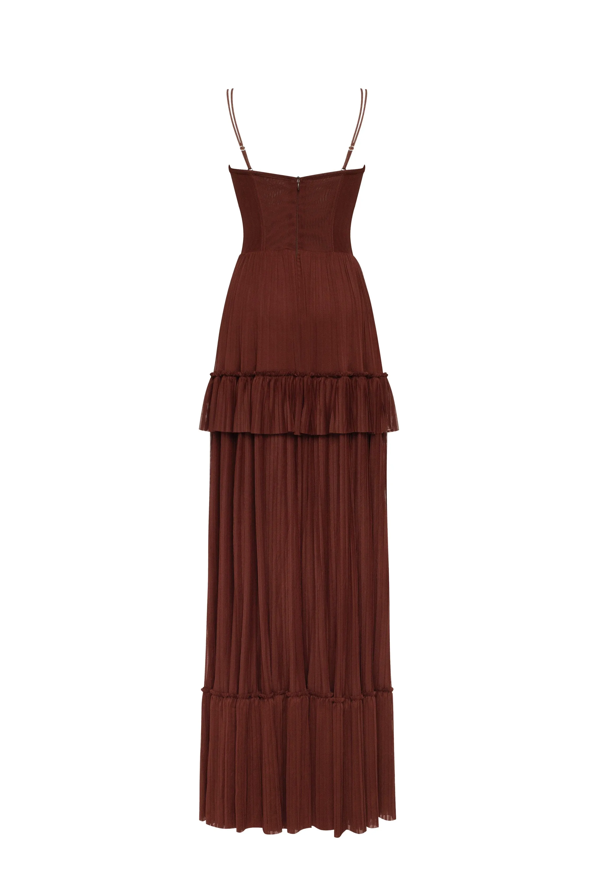 Chocolate spaghetti strap pleated maxi dress, Garden of Eden