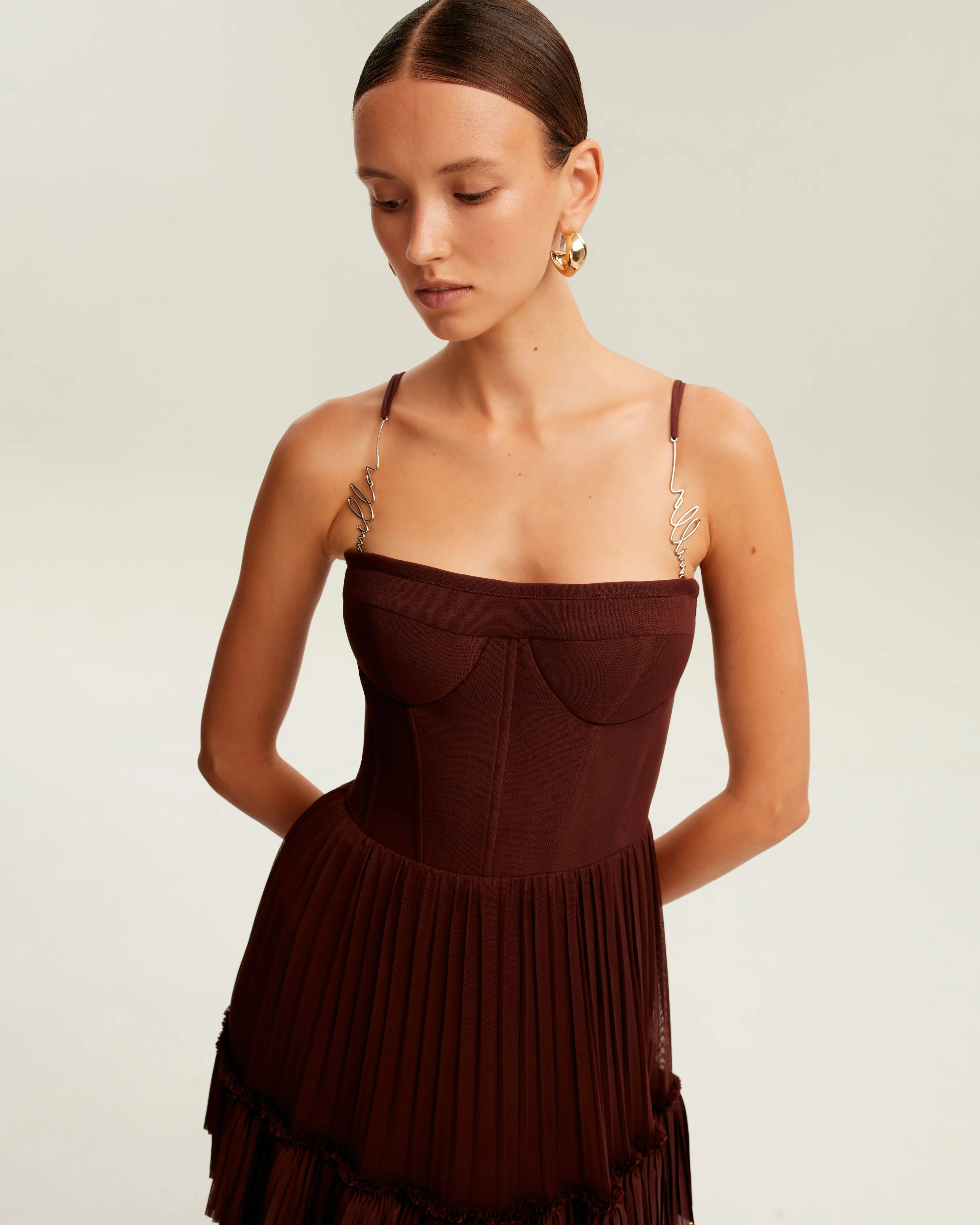 Chocolate spaghetti strap pleated maxi dress, Garden of Eden