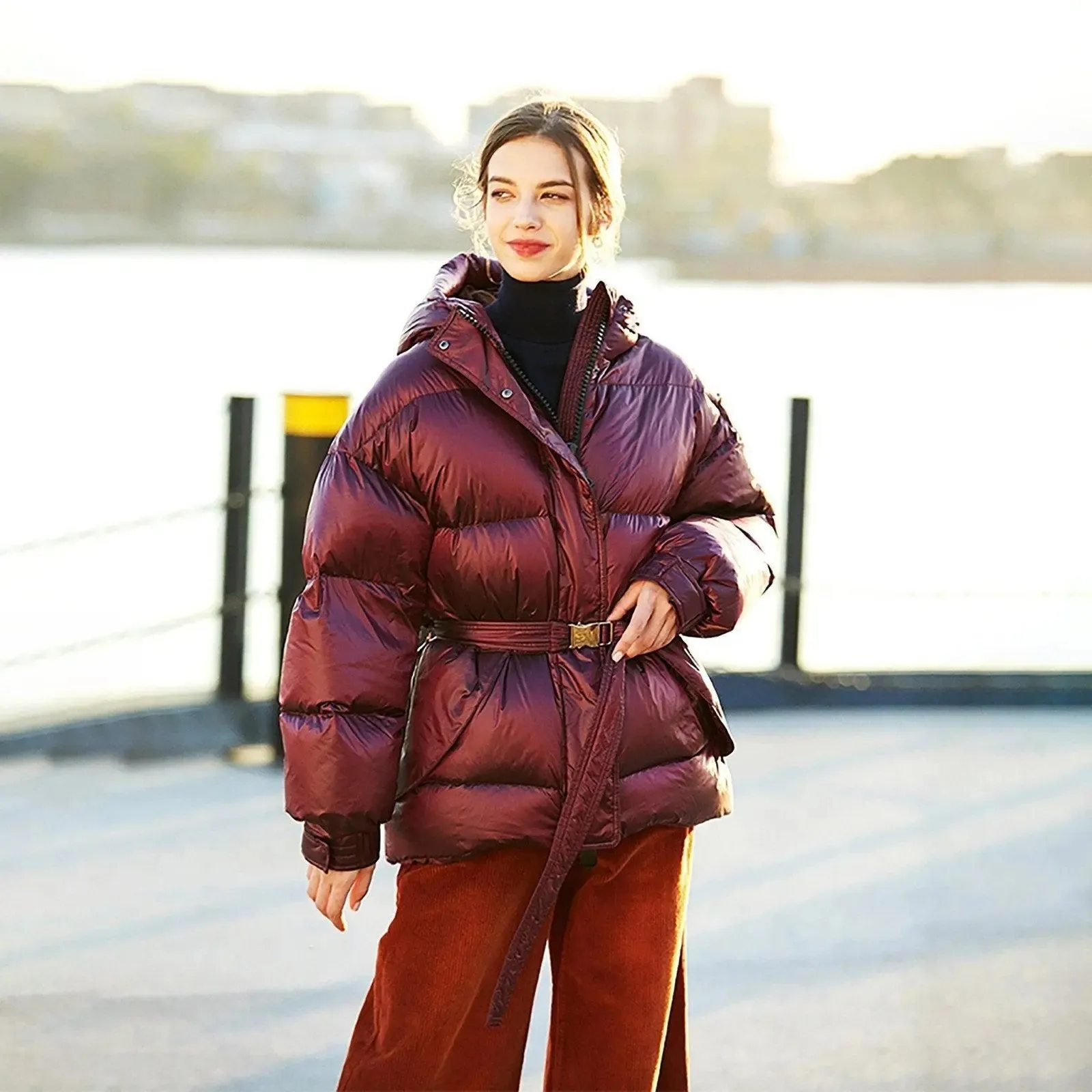 Claret Hooded Belted Down Puffer Jacket